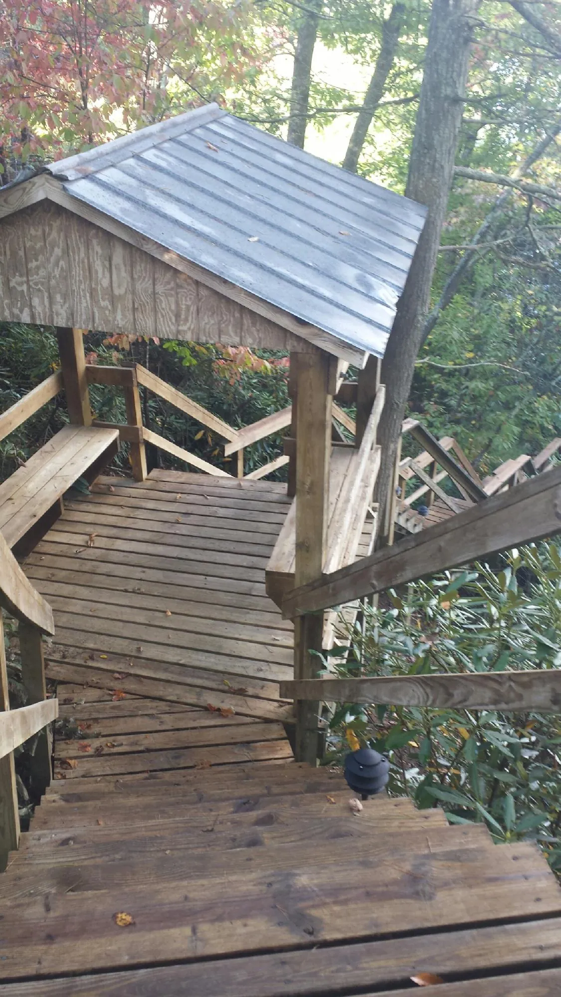 Metal roofed shelter over wooden steps on a wooded walkway — Skylight Repair & Installation work by our crew in Shawboro